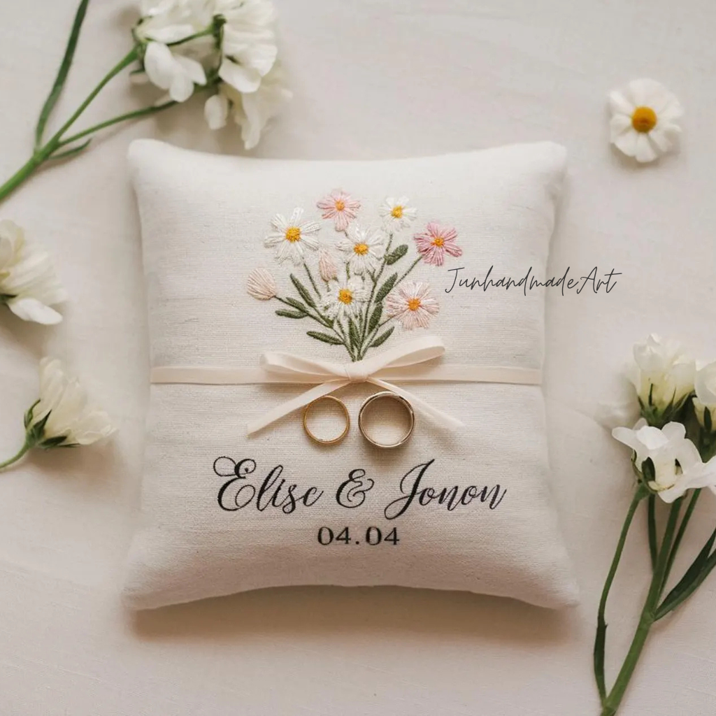 Personalized Embroidered Ring Bearer Pillow, Custom Linen Wedding Cushion, Hand Embroidery Ring Holder, Floral Ring Pillow, Wedding Gift