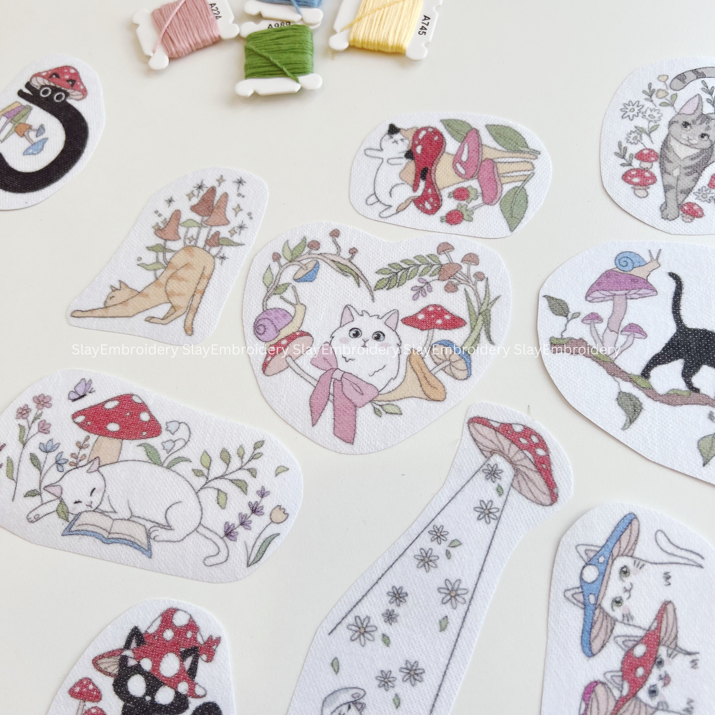 Cat & Mushroom Embroidery Pattern For Beginner Easy To Use Stick and Stitch