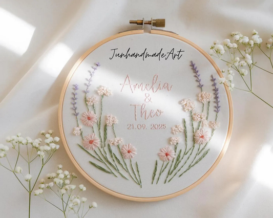 Custom Wedding Embroidery Hoop with Flowers and Names – Personalized Hand Embroidered Wildflowers Gift for Couple, Anniversary