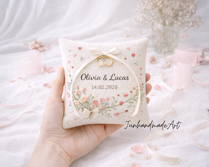 Valentine Gift for Couple – Personalized Wedding Ring Pillow with Names & Date, Hand-Embroidered Keepsake Wedding Ring Pillow