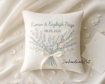 Personalized Embroidered Ring Bearer Pillow, Custom Linen Wedding Cushion, Hand Embroidery Ring Holder, Floral Ring Pillow, Wedding Gift