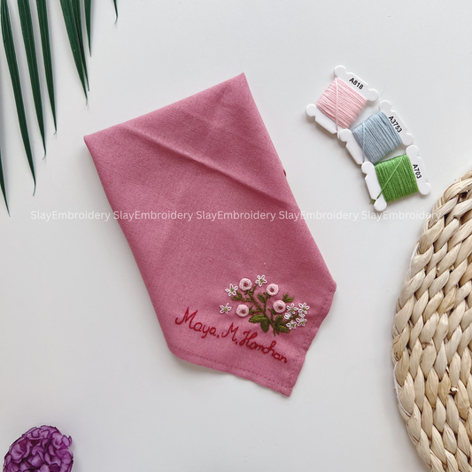 Daisy Pink Roses Wedding Handkerchief, Custom Embroidered Handkerchief