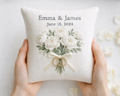 Personalized Embroidered Ring Bearer Pillow, Custom Linen Wedding Cushion, Hand Embroidery Ring Holder, Floral Ring Pillow, Wedding Gift
