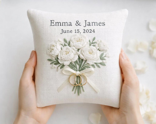Personalized Embroidered Ring Bearer Pillow, Custom Linen Wedding Cushion, Hand Embroidery Ring Holder, Floral Ring Pillow, Wedding Gift