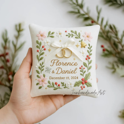 Personalized Embroidered Ring Bearer Pillow, Christmas Linen Wedding Cushion, Hand Embroidery Ring Holder Floral Ring Pillow, Christmas Gift