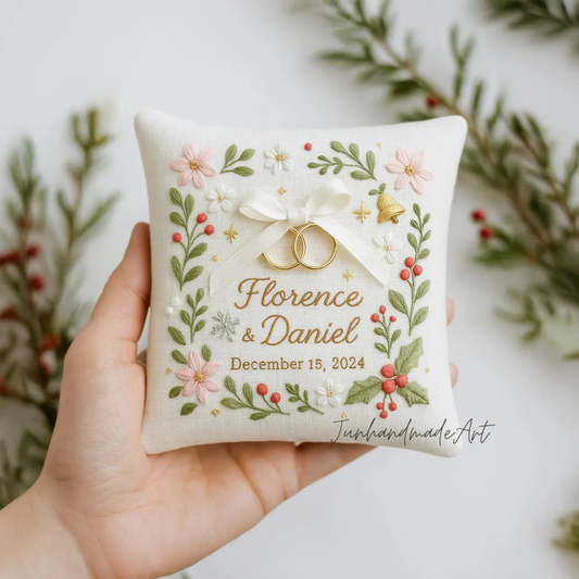 Personalized Embroidered Ring Bearer Pillow, Christmas Linen Wedding Cushion, Hand Embroidery Ring Holder Floral Ring Pillow, Christmas Gift