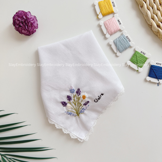 Fields Of Lavender Light Wedding Handkerchief, Custom Embroidered Handkerchief, Linen Handkerchiefs