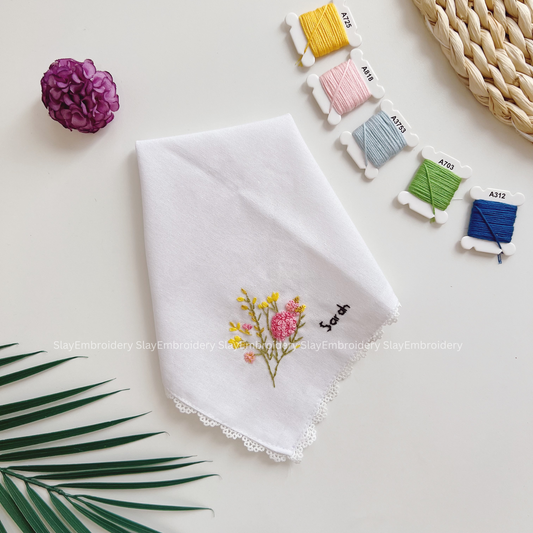 Pastel Daisy Flowers Wedding Handkerchief, Custom Embroidered Handkerchief, Linen Handkerchiefs