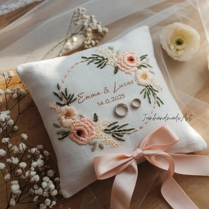 Personalized Embroidered Ring Bearer Pillow, Custom Linen Wedding Cushion, Hand Embroidery Ring Holder, Floral Ring Pillow, Wedding Gift