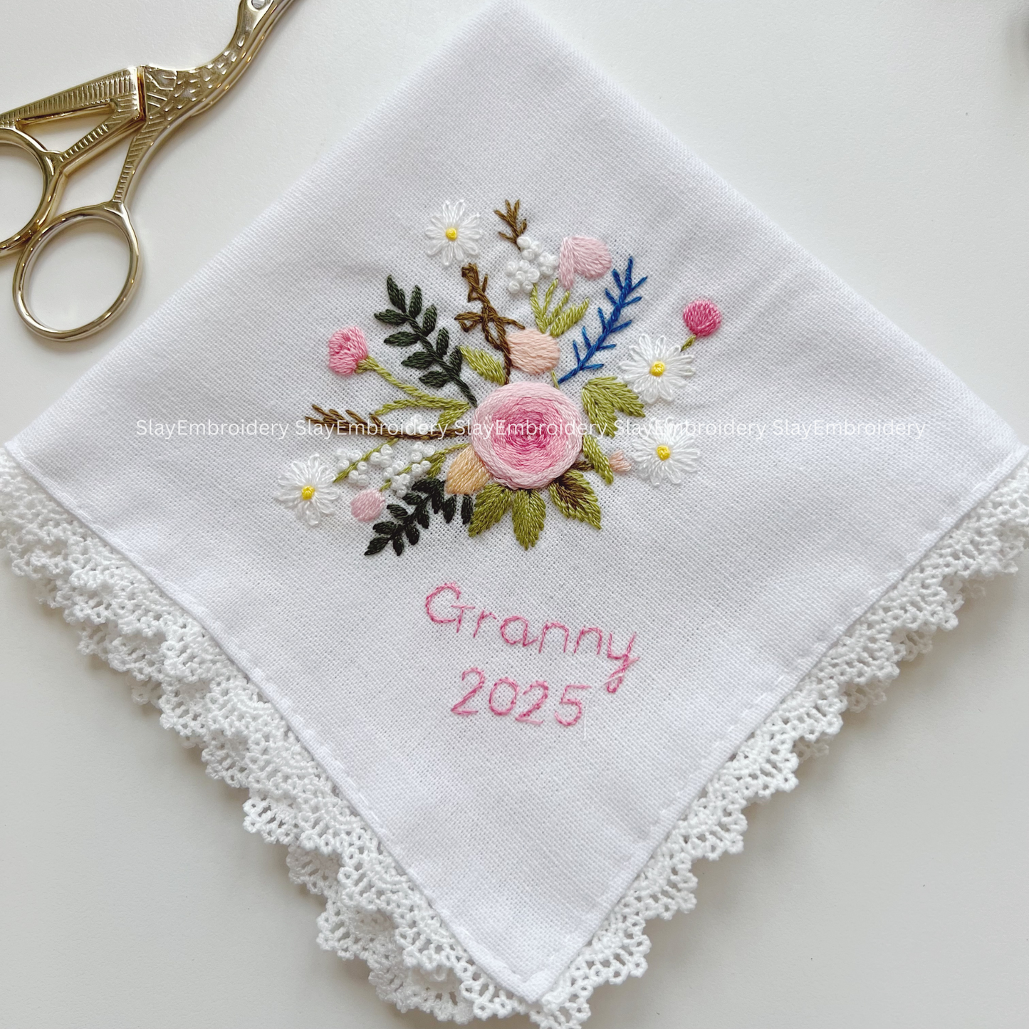 Rose & Daisy Wedding Handkerchief, Custom Embroidered Handkerchief, Linen Handkerchiefs