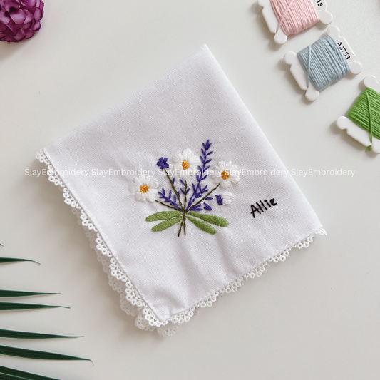 Daisy Lavender Sky Garden Wedding Handkerchief, Custom Embroidered Handkerchief, Linen Handkerchiefs