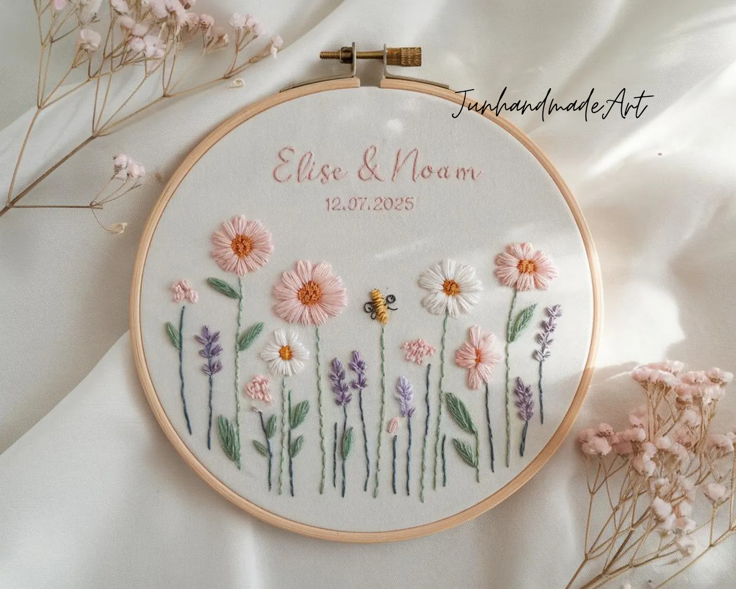 Custom Wedding Embroidery Hoop with Flowers and Names – Personalized Hand Embroidered Wildflowers Gift for Couple, Anniversary