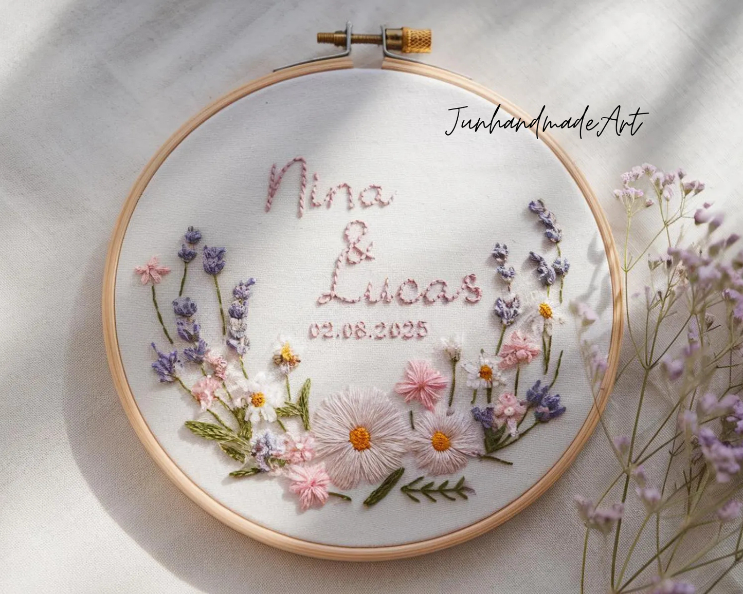 Custom Wedding Embroidery Hoop with Flowers and Names – Personalized Hand Embroidered Wildflowers Gift for Couple, Anniversary
