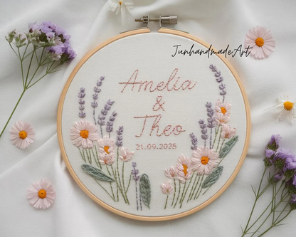 Custom Wedding Embroidery Hoop with Flowers and Names – Personalized Hand Embroidered Wildflowers Gift for Couple, Anniversary