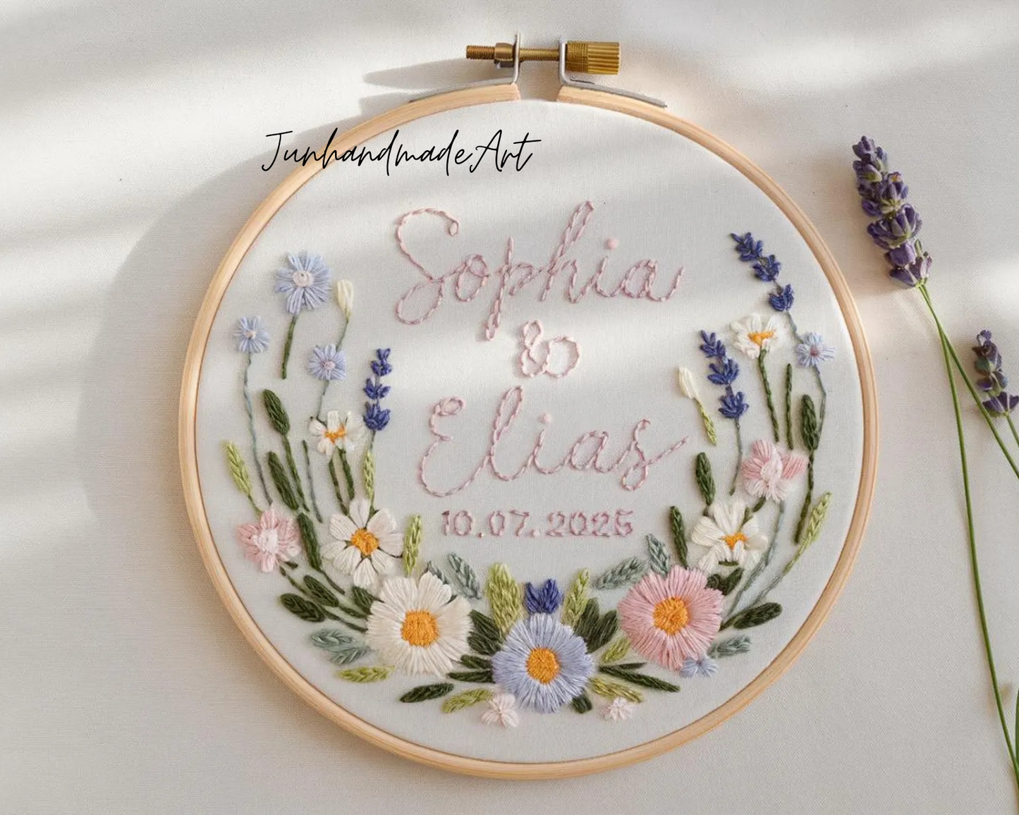 Custom Wedding Embroidery Hoop with Flowers and Names – Personalized Hand Embroidered Wildflowers Gift for Couple, Anniversary