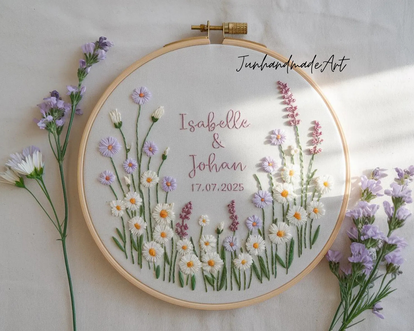 Custom Wedding Embroidery Hoop with Flowers and Names – Personalized Hand Embroidered Wildflowers Gift for Couple, Anniversary