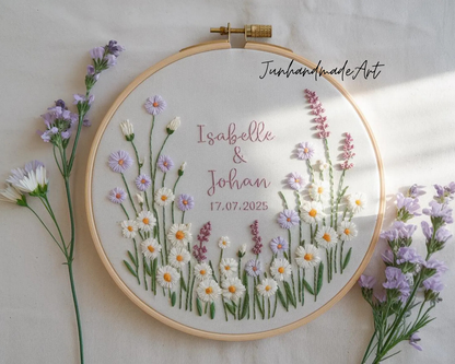 Custom Wedding Embroidery Hoop with Flowers and Names – Personalized Hand Embroidered Wildflowers Gift for Couple, Anniversary