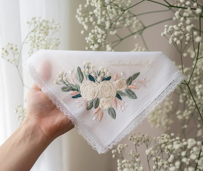 Embroidered Wedding Handkerchief – Custom Floral Hankie for Bride, Bridal Gift, Personalized with Name & Date, Gift for Bride