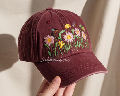 Daisy Parade Summer Hand Embroidery Hat Vintage Hat Washed Baseball Cap
