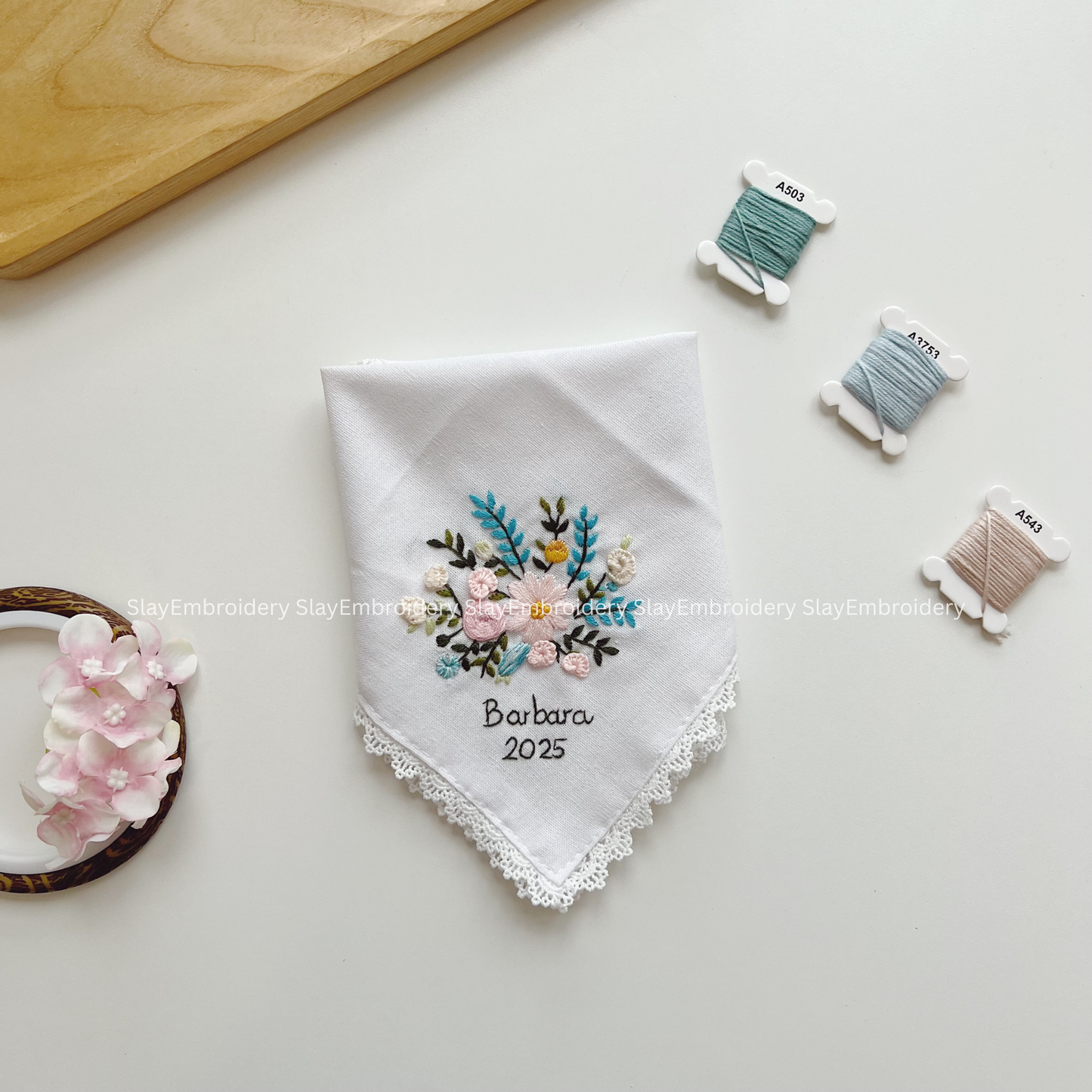 Rosy Meadow Wedding Handkerchief, Custom Embroidered Handkerchief, Linen Handkerchiefs