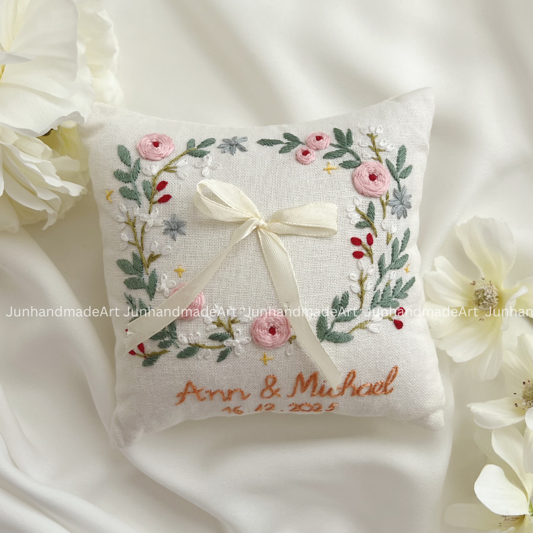 Dreamy Flowers Bearer Pillow Linen Wedding Cushion Hand Embroidery Ring Holder Floral Ring Pillow Wedding Gift