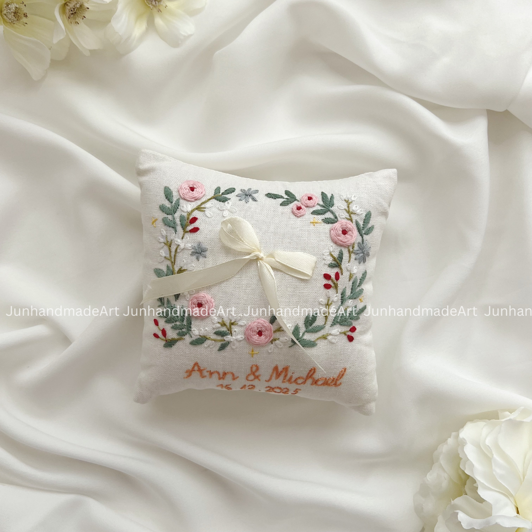 Dreamy Flowers Bearer Pillow Linen Wedding Cushion Hand Embroidery Ring Holder Floral Ring Pillow Wedding Gift