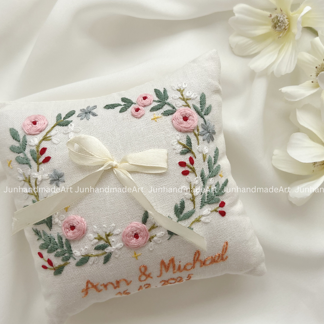 Dreamy Flowers Bearer Pillow Linen Wedding Cushion Hand Embroidery Ring Holder Floral Ring Pillow Wedding Gift