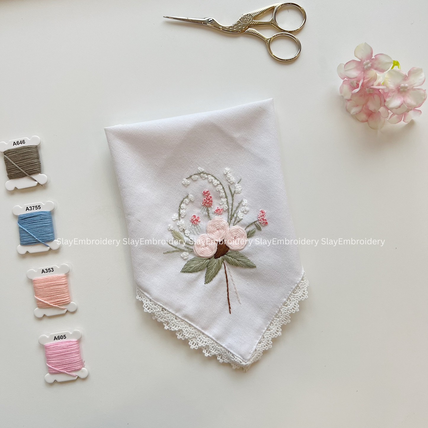 Rose Blooming Wedding Handkerchief, Custom Embroidered Handkerchief, Linen Handkerchiefs