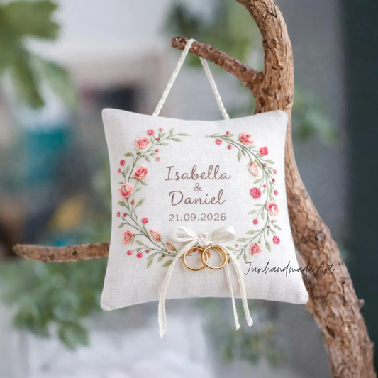 Personalized Embroidered Ring Bearer Pillow, Custom Linen Wedding Cushion, Hand Embroidery Ring Holder, Floral Ring Pillow, Wedding Gift