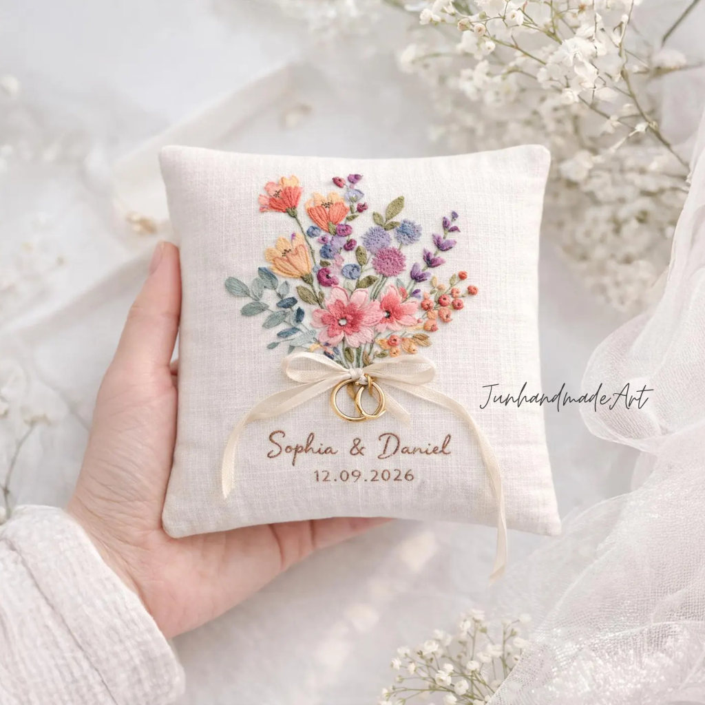 Personalized Embroidered Ring Bearer Pillow, Custom Linen Wedding Cushion, Hand Embroidery Ring Holder, Floral Ring Pillow, Wedding Gift