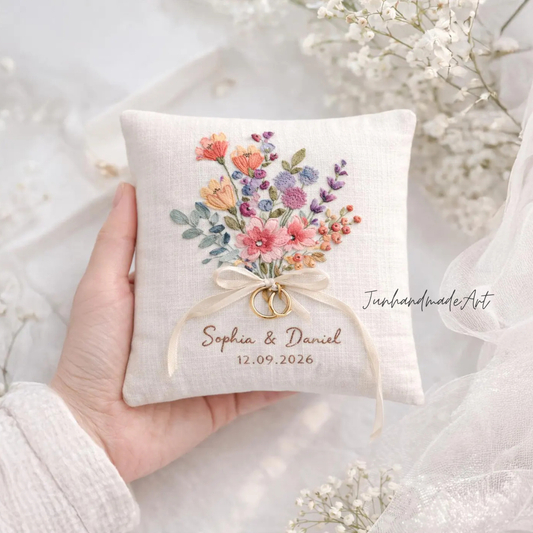 Personalized Embroidered Ring Bearer Pillow, Custom Linen Wedding Cushion, Hand Embroidery Ring Holder, Floral Ring Pillow, Wedding Gift
