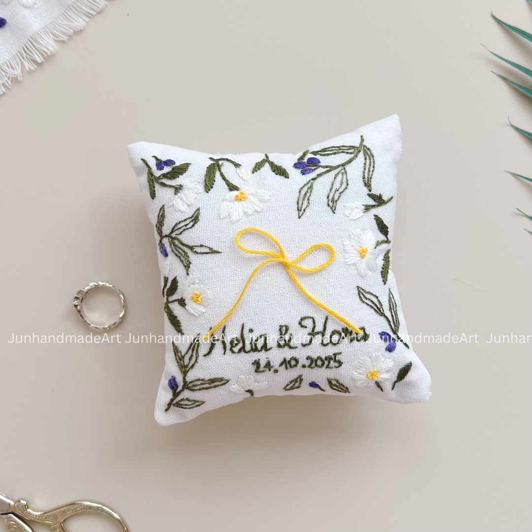 Personalized Set Embroidered Ring Bearer Pillow and Ribbon, Linen Wedding Cushion, Hand Embroidery Ring Holder, Floral Ring Pillow Wedding