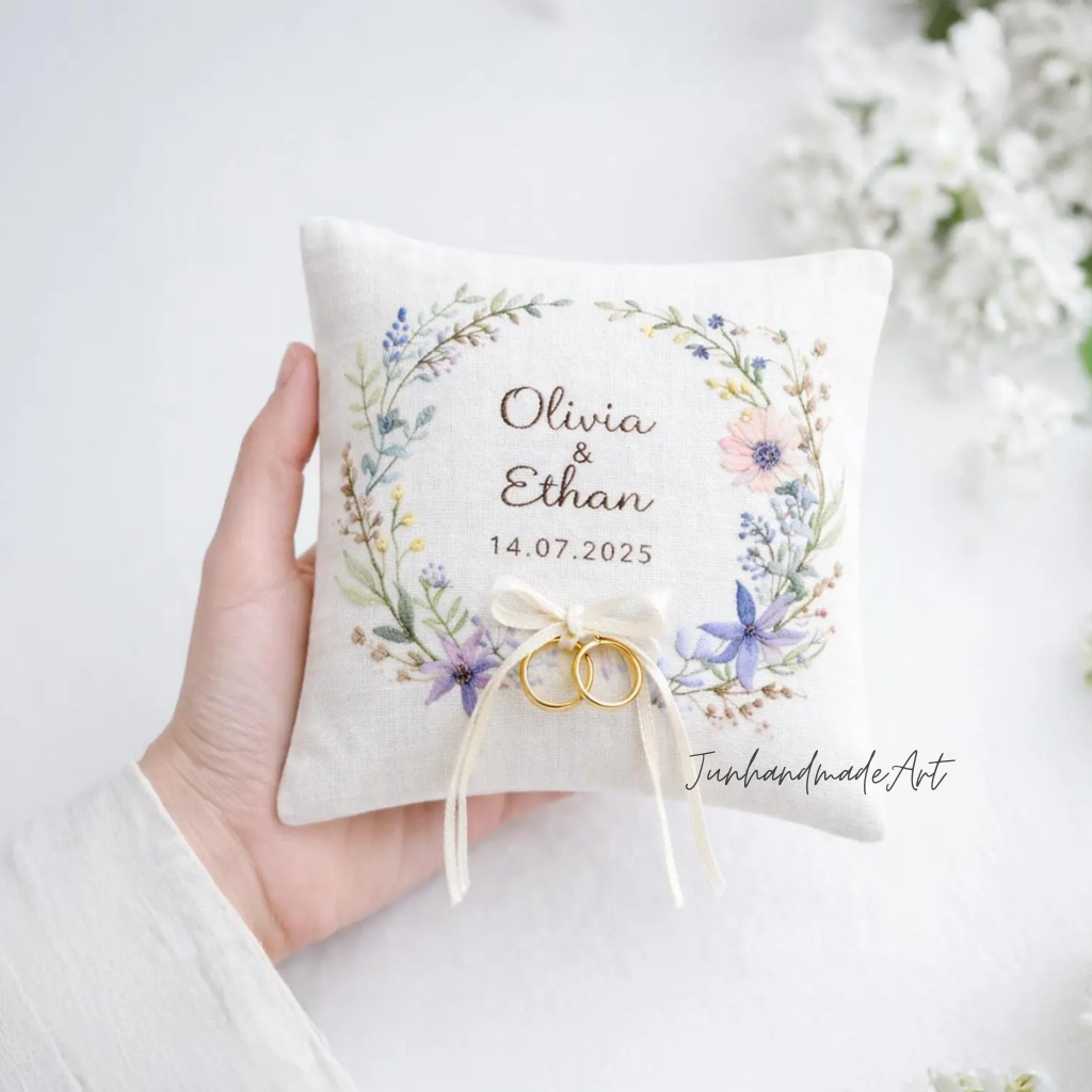 Personalized Embroidered Ring Bearer Pillow, Custom Linen Wedding Cushion, Hand Embroidery Ring Holder, Floral Ring Pillow, Wedding Gift