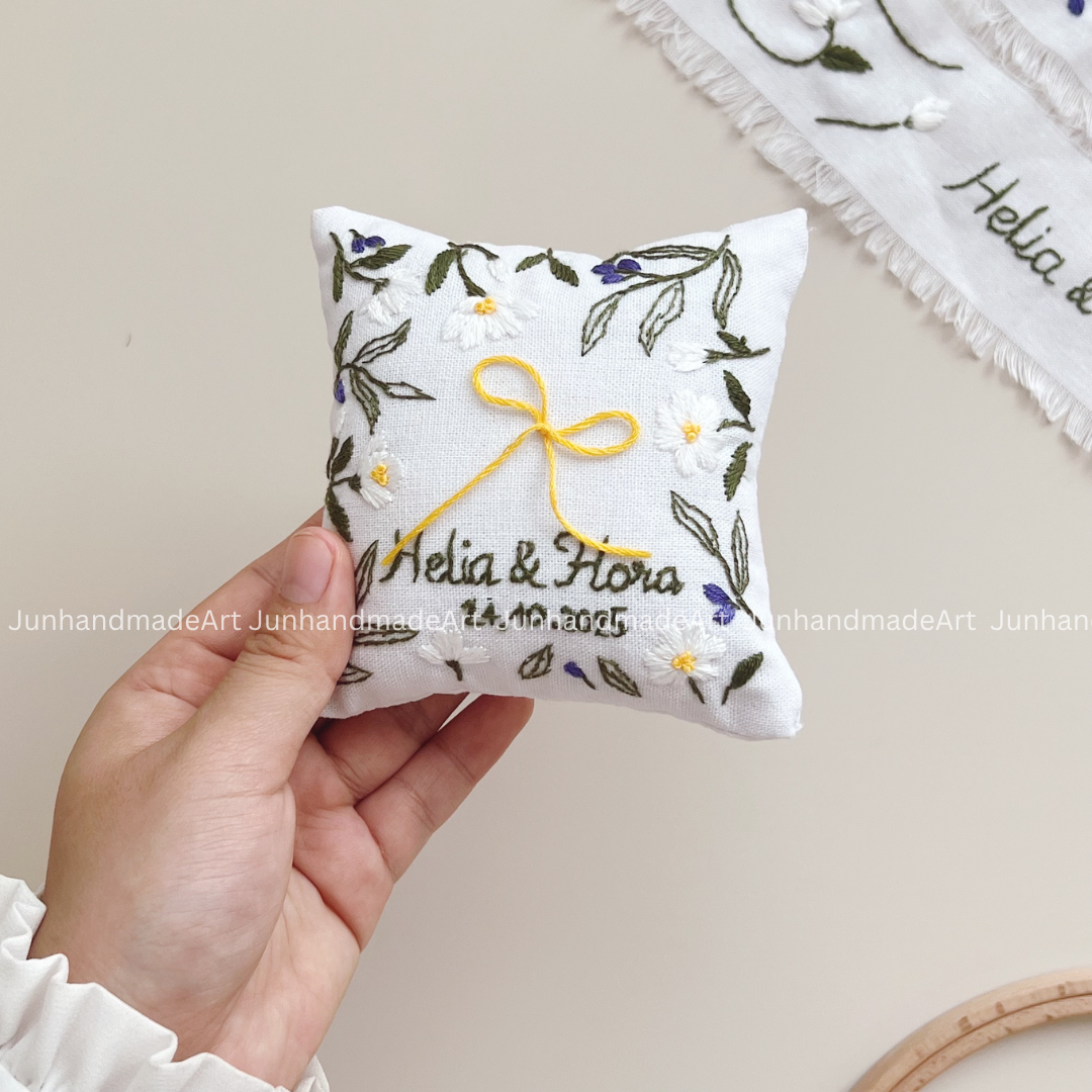 Personalized Set Embroidered Ring Bearer Pillow and Ribbon, Linen Wedding Cushion, Hand Embroidery Ring Holder, Floral Ring Pillow Wedding
