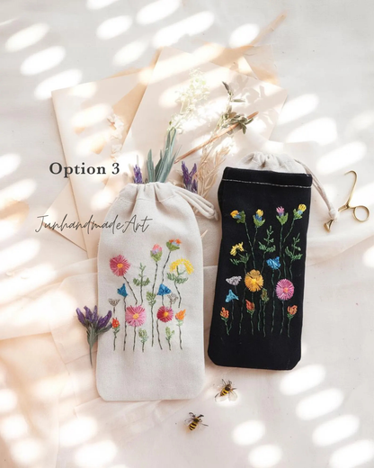 Hand Embroidered Floral Eyeglass Case, Soft Linen Glasses Pouch, Custom Sunglasses Holder Gift for Her