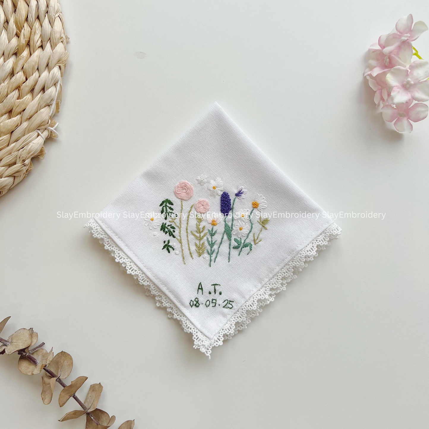 Pastel Field Wedding Handkerchief, Custom Embroidered Handkerchief, Linen Handkerchiefs