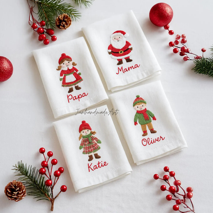 Set 4 Embroidered Linen Christmas Napkins – Christmas Bouquet Design | 100% Linen Cloth Napkins | Christmas, Housewarming, Christmas Gift