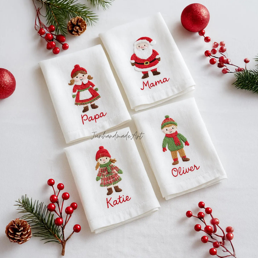 Set 4 Embroidered Linen Christmas Napkins – Christmas Bouquet Design | 100% Linen Cloth Napkins | Christmas, Housewarming, Christmas Gift