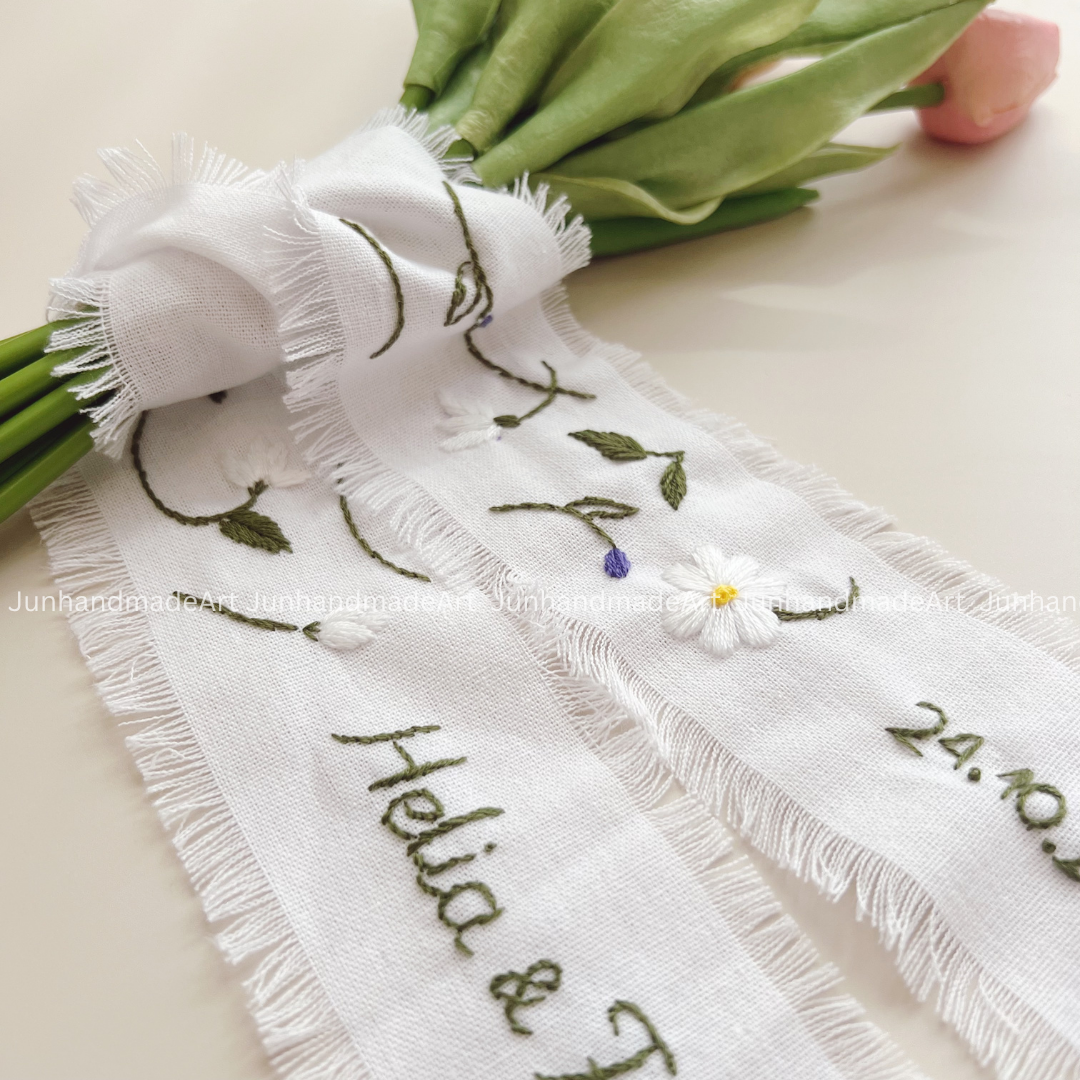 Personalized Set Embroidered Ring Bearer Pillow and Ribbon, Linen Wedding Cushion, Hand Embroidery Ring Holder, Floral Ring Pillow Wedding