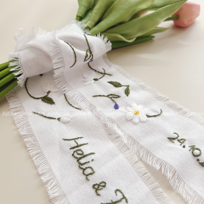 Personalized Set Embroidered Ring Bearer Pillow and Ribbon, Linen Wedding Cushion, Hand Embroidery Ring Holder, Floral Ring Pillow Wedding