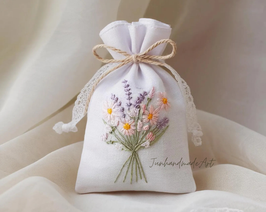 Personalized Embroidered Sachet Bag – Wedding Favor Gift, Linen Lavender Pouch, Custom Name & Date