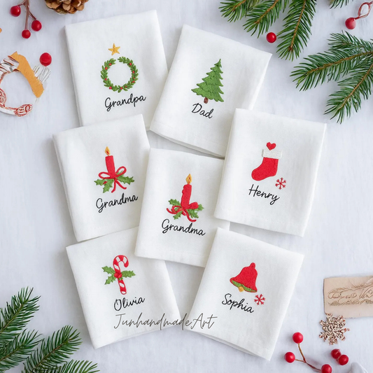 Set 6 Embroidered Linen Christmas Napkins – Christmas Bouquet Design | 100% Linen Cloth Napkins | Christmas, Housewarming, Christmas Gift