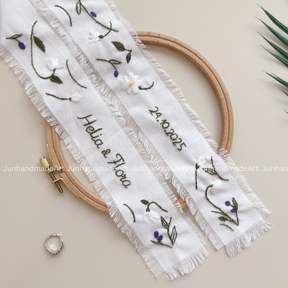 Personalized Set Embroidered Ring Bearer Pillow and Ribbon, Linen Wedding Cushion, Hand Embroidery Ring Holder, Floral Ring Pillow Wedding