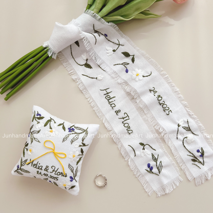 Personalized Set Embroidered Ring Bearer Pillow and Ribbon, Linen Wedding Cushion, Hand Embroidery Ring Holder, Floral Ring Pillow Wedding