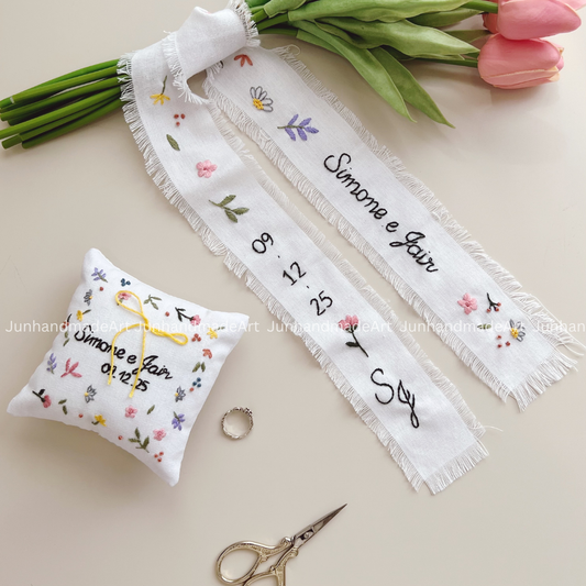 Tiny Wild Flowers Embroidered Wedding Ribbon – Custom Linen Tie for Bouquet or Hair, Hand-stitched with Names & Date, Bridal Keepsake Gift