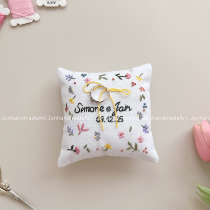 Personalized Set Embroidered Ring Bearer Pillow and Ribbon, Linen Wedding Cushion, Hand Embroidery Ring Holder, Floral Ring Pillow Wedding