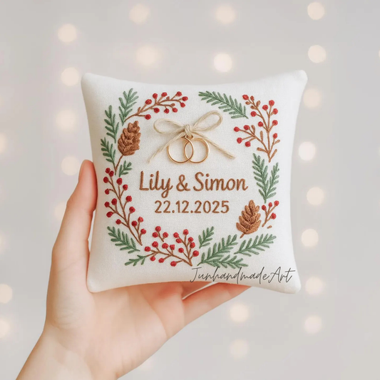Personalized Embroidered Ring Bearer Pillow, Winter Flower Linen Wedding Gift, Hand Embroidery Ring Holder Leaf Woodland Pillow, Custom Name