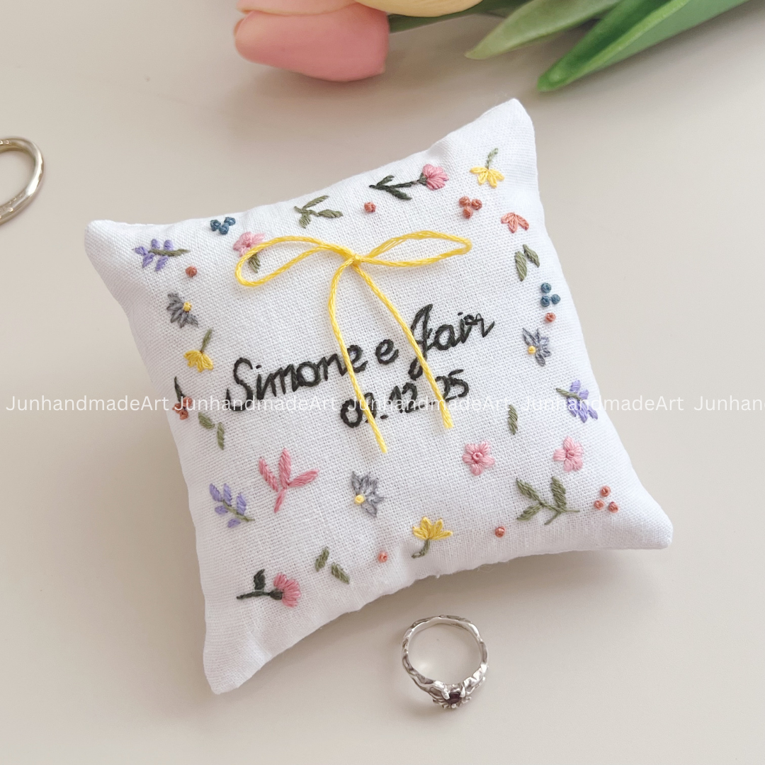 Personalized Set Embroidered Ring Bearer Pillow and Ribbon, Linen Wedding Cushion, Hand Embroidery Ring Holder, Floral Ring Pillow Wedding
