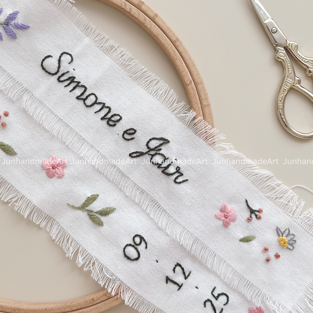 Personalized Set Embroidered Ring Bearer Pillow and Ribbon, Linen Wedding Cushion, Hand Embroidery Ring Holder, Floral Ring Pillow Wedding