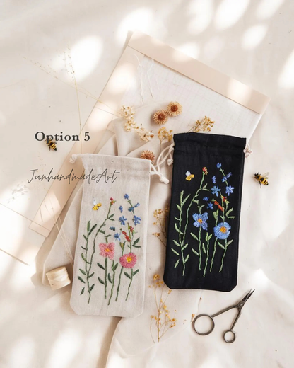 Hand Embroidered Floral Eyeglass Case, Soft Linen Glasses Pouch, Custom Sunglasses Holder Gift for Her